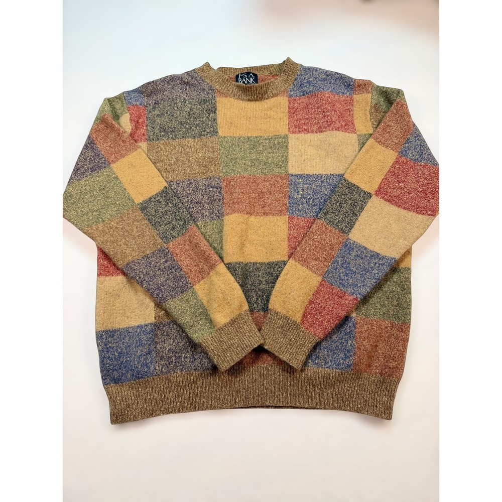 Jos‎ A Bank Vintage Merino Wool Silk Blend Patchwork Sweater Mens Medium Multi